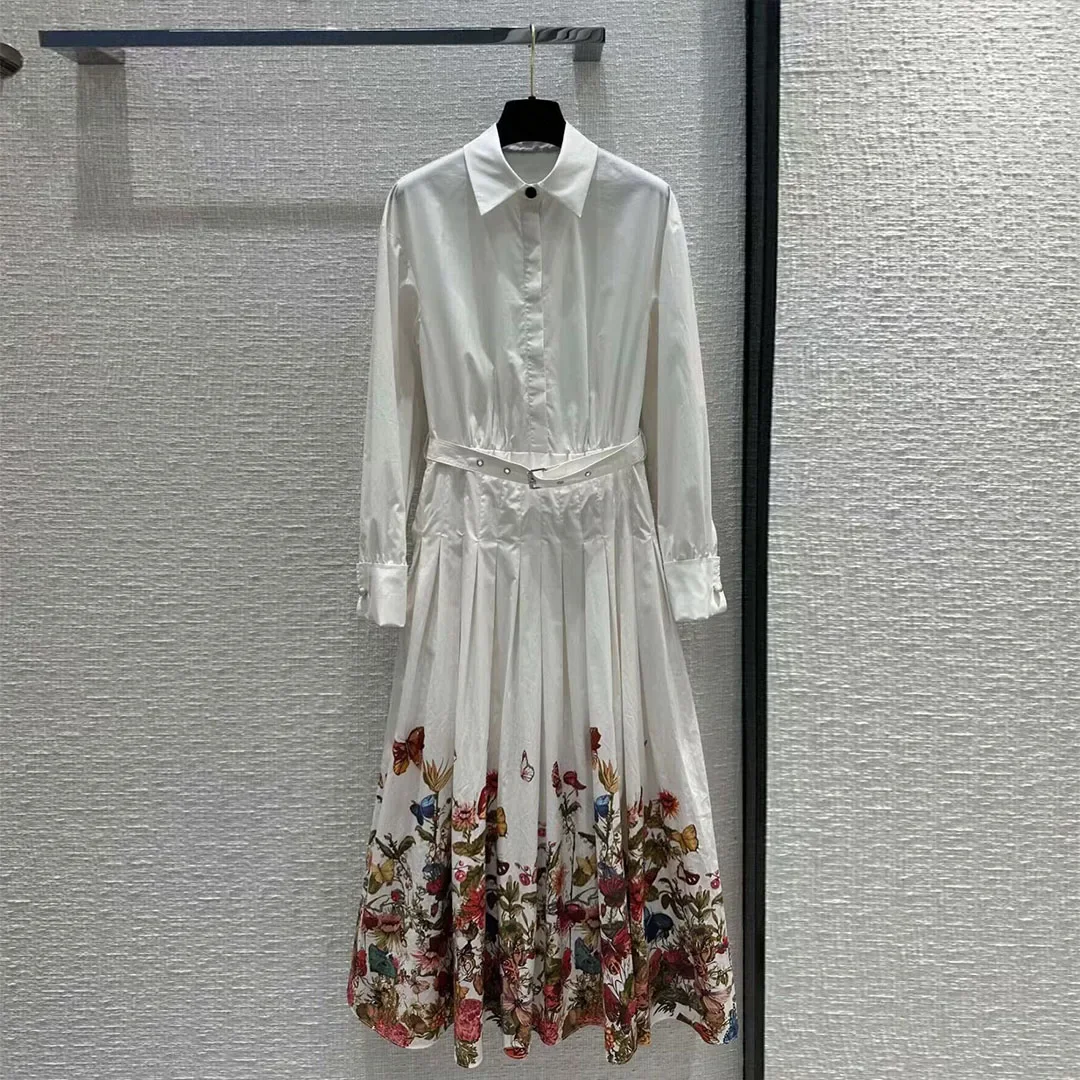 

2024 New Spring Fashion White Long Dress Women Turn-down Collar Long Sleeve Pearls Buttons Fancy Butterfly Print Boho Dresses