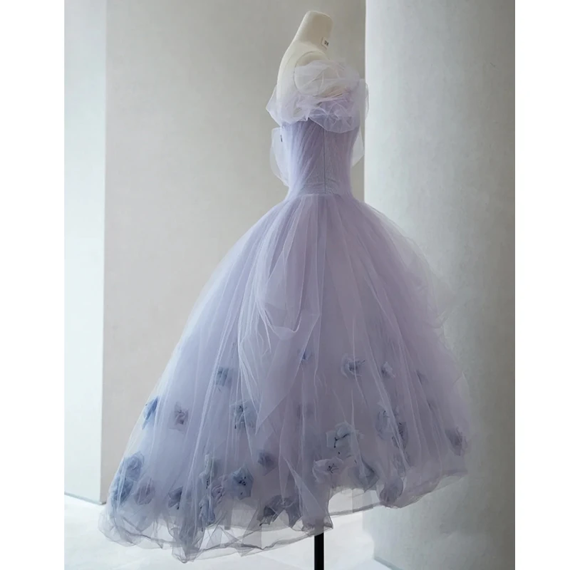 Lilac Purple Evening Dresses Floral Appliques Asymmetrical Princess Dress Off Shoulder Ball Gown Zip Up Engagement فستان سهرة