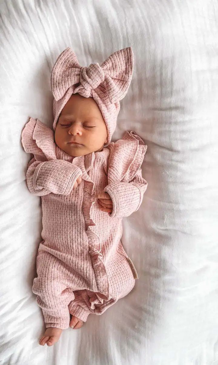 Lange Ärmel Gestrickte Overall Für Kleinkinder Mädchen Komfortable Entzückende Herbst Winter Neugeborenen Body Solide Waffel Strampler – Detail 5