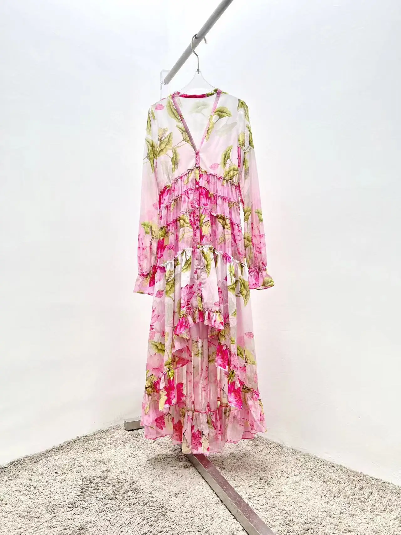 

High Quality 2023 Summer Women Fashion Runway Top Holiday Long Flowers Print Dress V-Neck Ladies Hot Sale Cotton Dresses