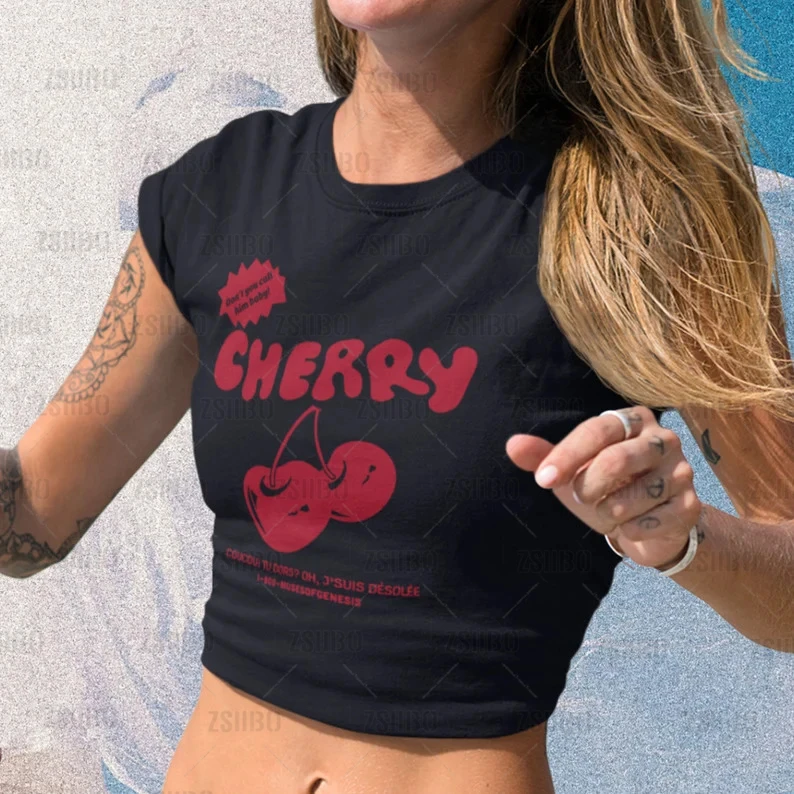 Y2k Cherry Print Baby Tee Summer Emo Girl Crop Tops Slim 00s Fairy Grunge Streetwear Harajuku Goth Cute Short Sleeve T Shirt T Shirts Aliexpress