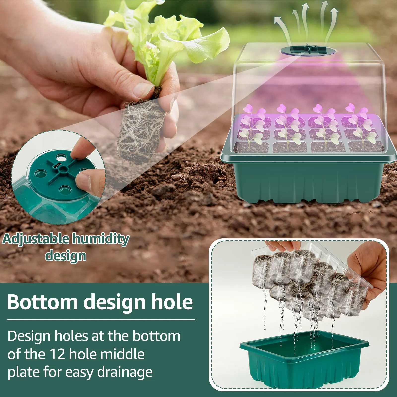 Seed Starter Tray with Grow Light Humidity Adjustable Seedling Trays Mini Propagator Triple Lighting Modes Gardening Accessories