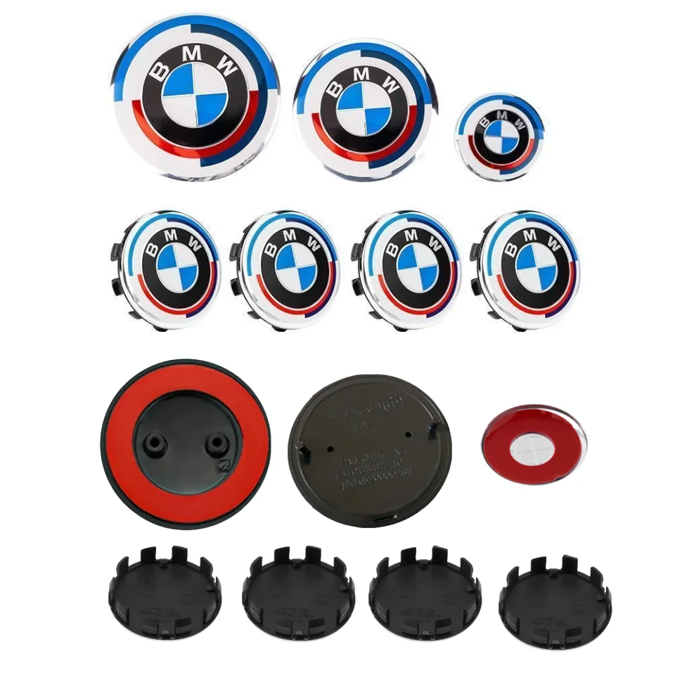 

7-piece set with two-hole front hood logo+rear badge+wheel cover+steering wheel sticker For BMW 50th Anniversary Logo