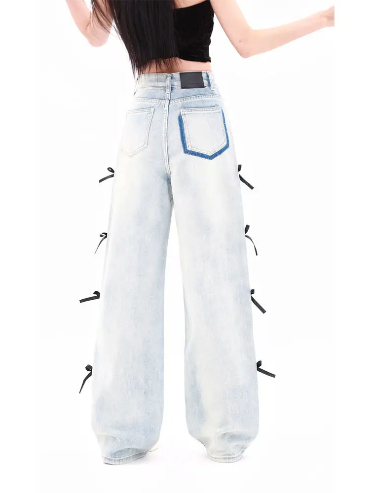 Jeans Bow Fashionable Women'S Blue Y2k Baggy Harajuku Oversize Denim Trousers Vintage Jean Pants Japanese Style Summer Trousers