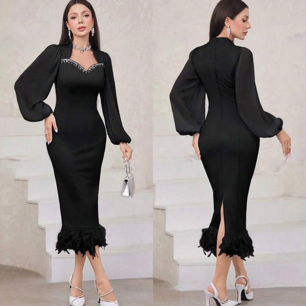 Prom  Evening Satin Feather Pleat Birthday Sheath Square Neck Bespoke Occasion Gown Midi es Saudi Arabia