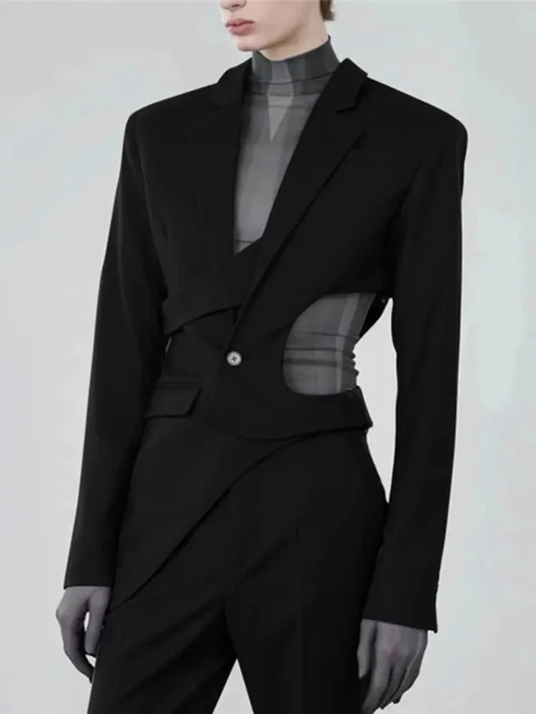 BPN Sexy Hollow Out Blazer For Women Notched Collar Long Sleeve Spliced Single Button Slimming Solid Blazer Female Fashion Style