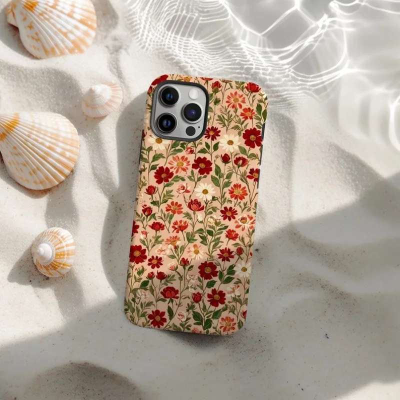 Red Crushed Flowers Magnetic Phone Case with Double-Layer Hard TPU Back Cover
