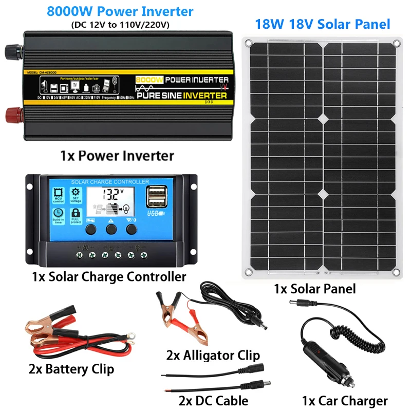 

110/220V Solar Power System 18W Solar Panel 30A Solar Controller 8000W Pure Sine Inverter Complete Power Generation Kit 12V 220V