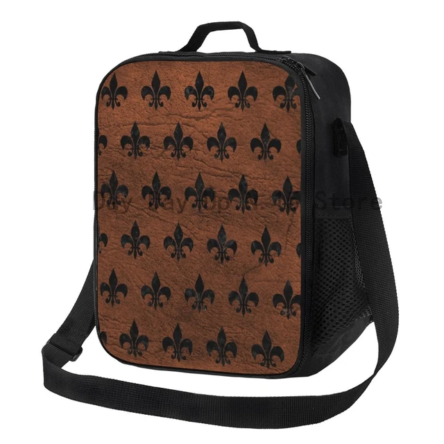 Royal Black Marble Brown Leather Fleur De Lis Lunch Box