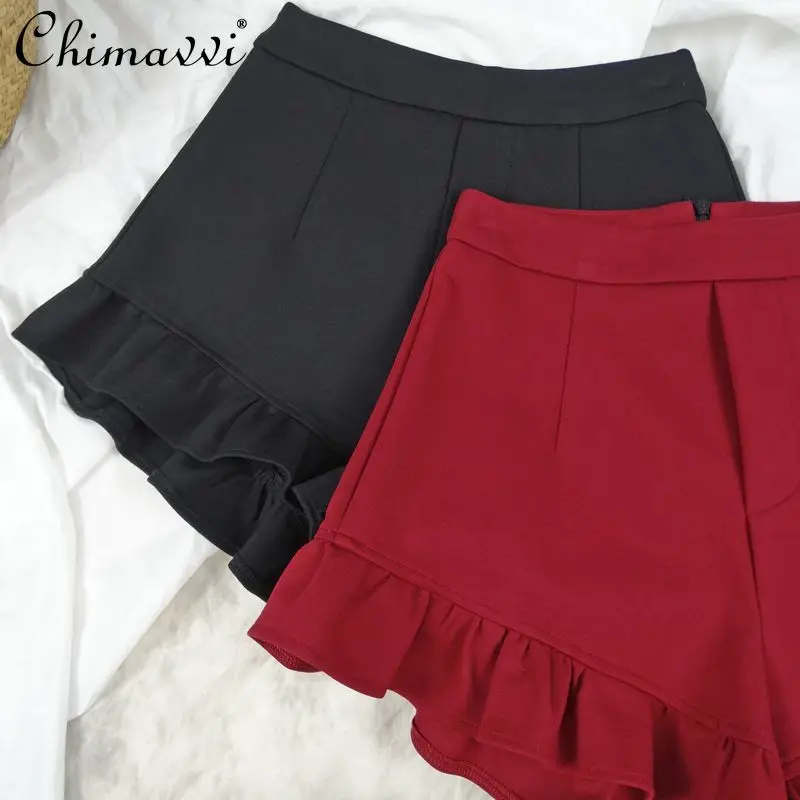 Japanese Style Ruffled High Waist Casual A- Line Wide Leg Pants Fashion Retro Pleated Short Culottes Women's Y2k Shorts Summer