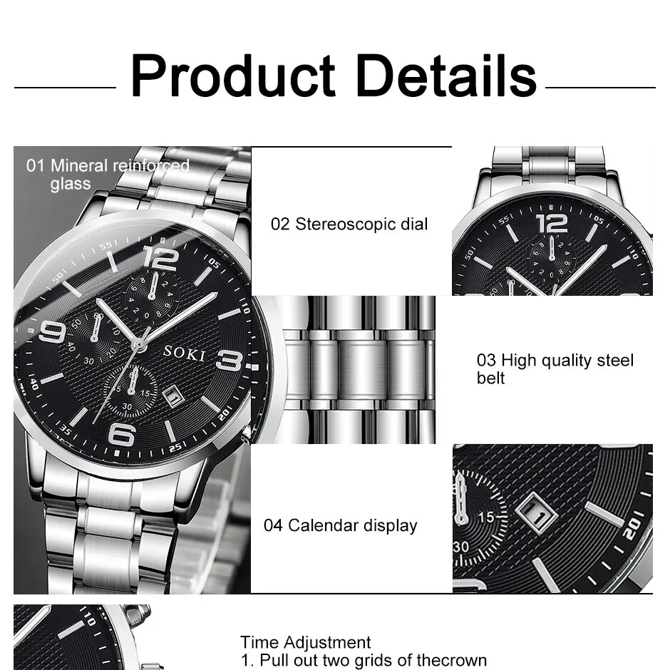 SOKI 2pcs Silver Quartz Watch With Stainless Steel Bracelet For Men Business Fashion Round Calendar Watch Set