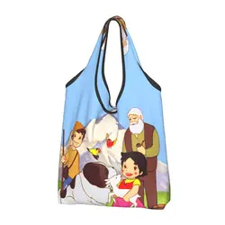 Recycling Heidi Peter And Grandpa Together Shopping Bag Women Tote Bag Portable Alps Mountain Goat Cartoons Grocery Shopper Bags