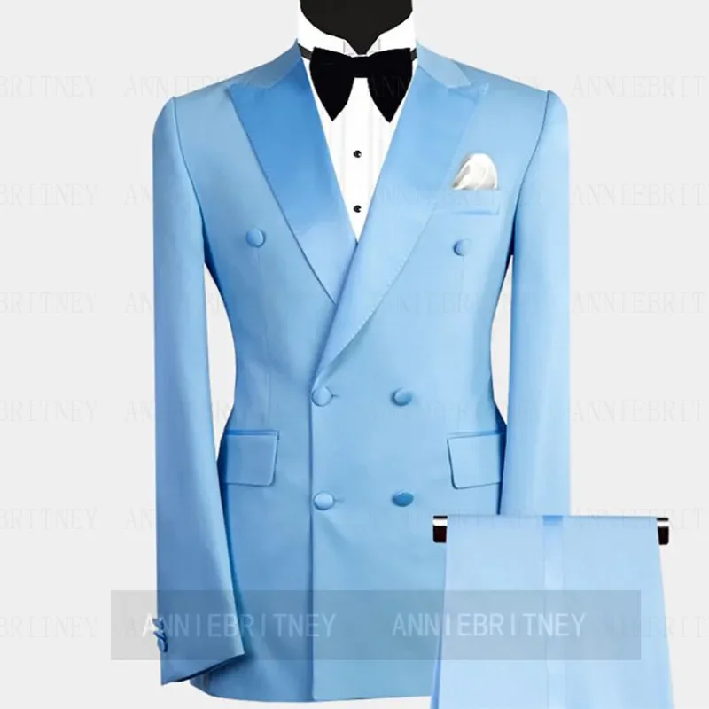 Sky Blue Double Breasted Elegant Men Suit Formal Groom Tuxedo Prom Slim Fit Blazer High Quality 2 Piece Set Costume Homme