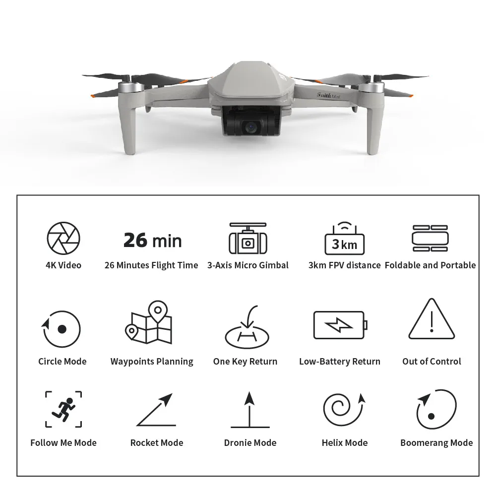 Drone Quadcopter CFLY Faith MINI Drone 3-Axis Gimbal Professional Camera 4K Video Camera 26 Mins Flight Time 3km Video Transmission Light Drones