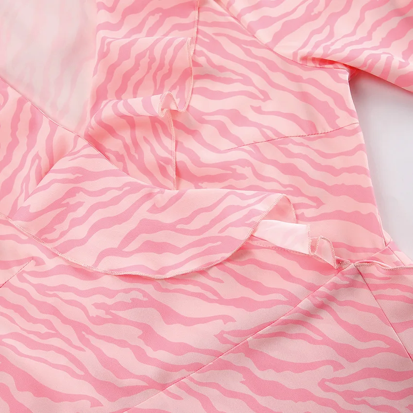 Pink Printed Ruffled Long Dress Women's Lace-Up Long Sleeve Elegant Contrast Patchwork Party Dress Female Bandage Dress