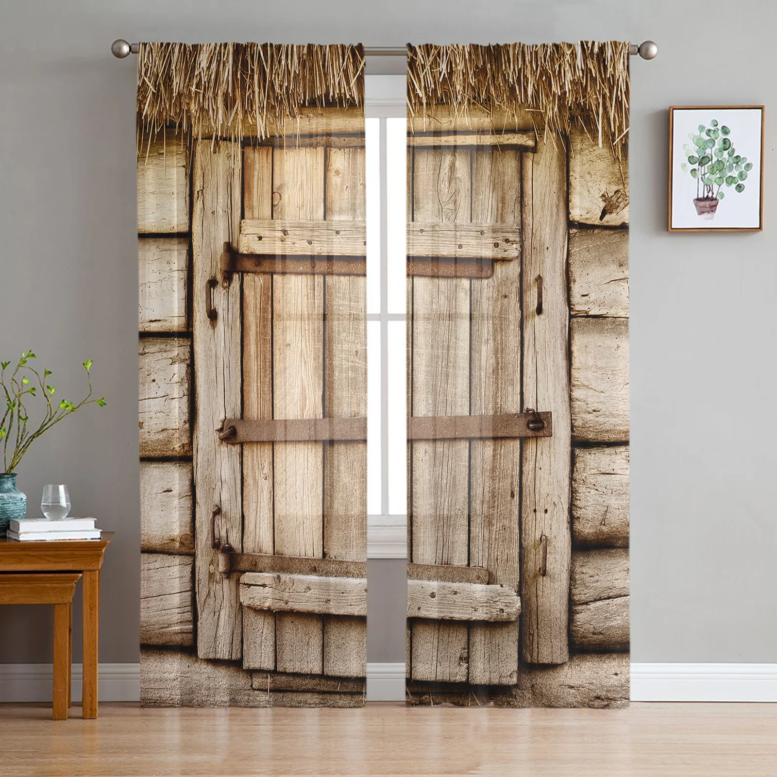 Barn Wooden Door Straw Sheer Curtains Living Room Window Tulle Curtains