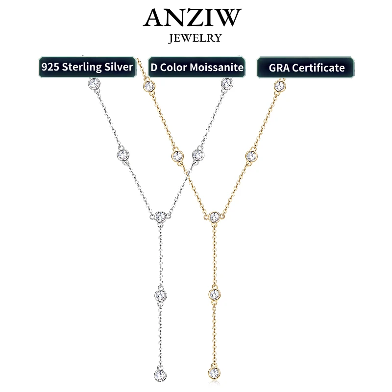 

Anziw 925 Sterling Silver Y Chain Necklace Bezel Setting D Color Moissanite Tassel Pendant Necklaces Original Jewelry for Women