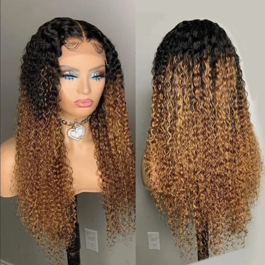 

Soft Ombre Honey Blonde Brown 26”Long 180Density Preplucked Glueless Kinky Curly Lace Front Wig For Black Women BabyHair Daily