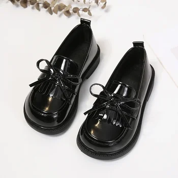 Girls Leather Shoes for Party Wedding Children Loafer for School Soft Soles Simple Kids Fashion Tassels Bow Non-slip Casual Shoe 1