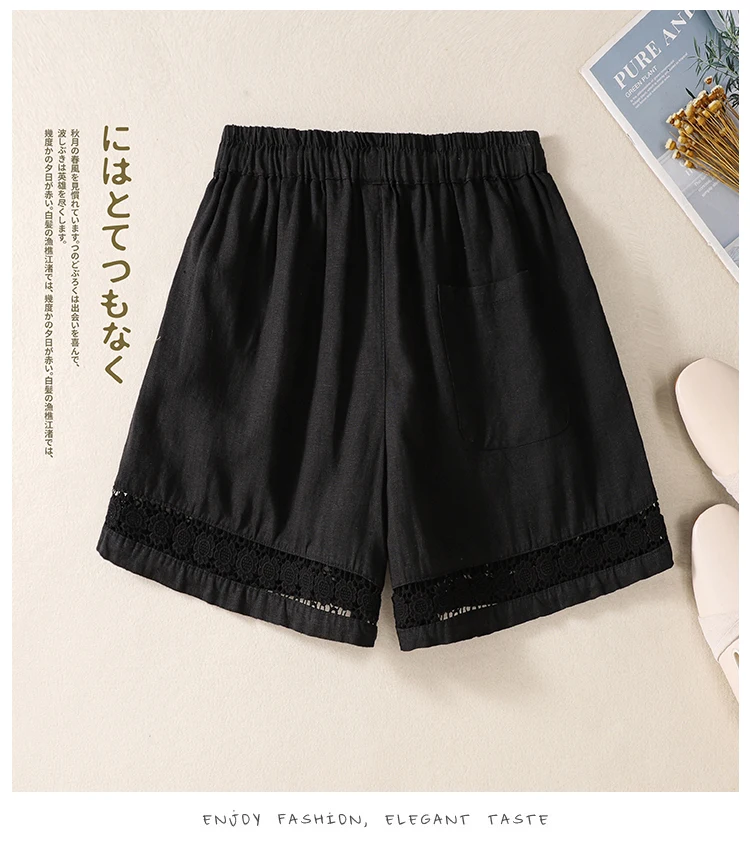 Casual Solid Linen Cotton Lace Floral Summer Short Pants Loose Elastic Waist Boho Beach Wear Shorts for Women Bottom