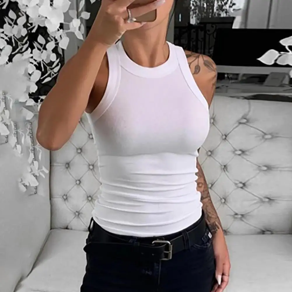 

Elastic Women Top Stretchy Women Top Ribbed Slim Fit Tank Tops for Women O-neck Vest Streetwear Solid Color Bottoming Wear Tops
