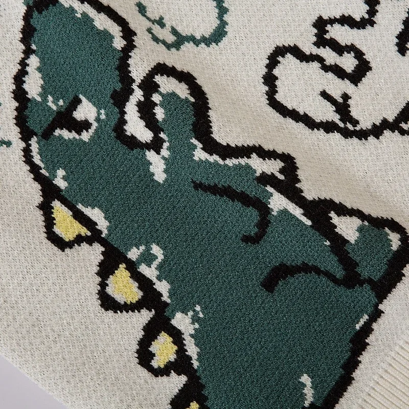 Dinosaur Monster Knitted Sweater Vest Men Women Harajuku Cartoon Anime Vintage V-neck Street Hip Hop Sleeveless Pullover Men