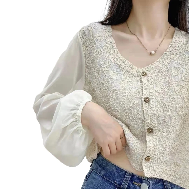 Woman Knitted Crop Tops Vintage Long Puff Sleeve Knitwear Tops Patchwork Cardigans Crochet Blouse Short Tops Street Wear N7YF