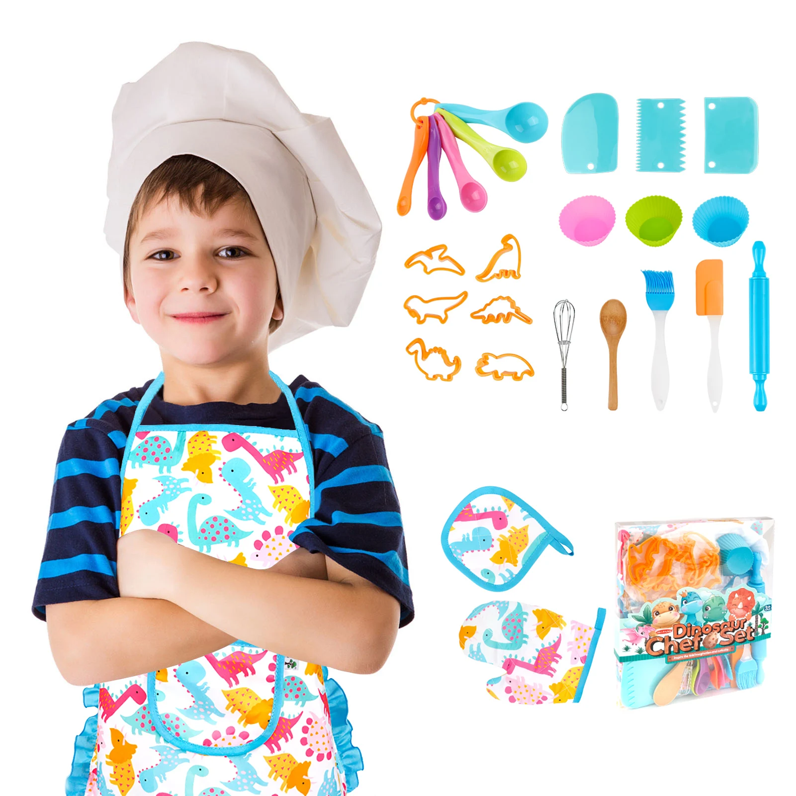 Toddler Apron Chef Set Gifts for 3+ Year Old Girls & Boys Dress Up Chef Costume Role Play Toys Kids Cooking and Baking Set 27 Pcs Kids Cooking Sets with Kids Chef Hat and Apron 