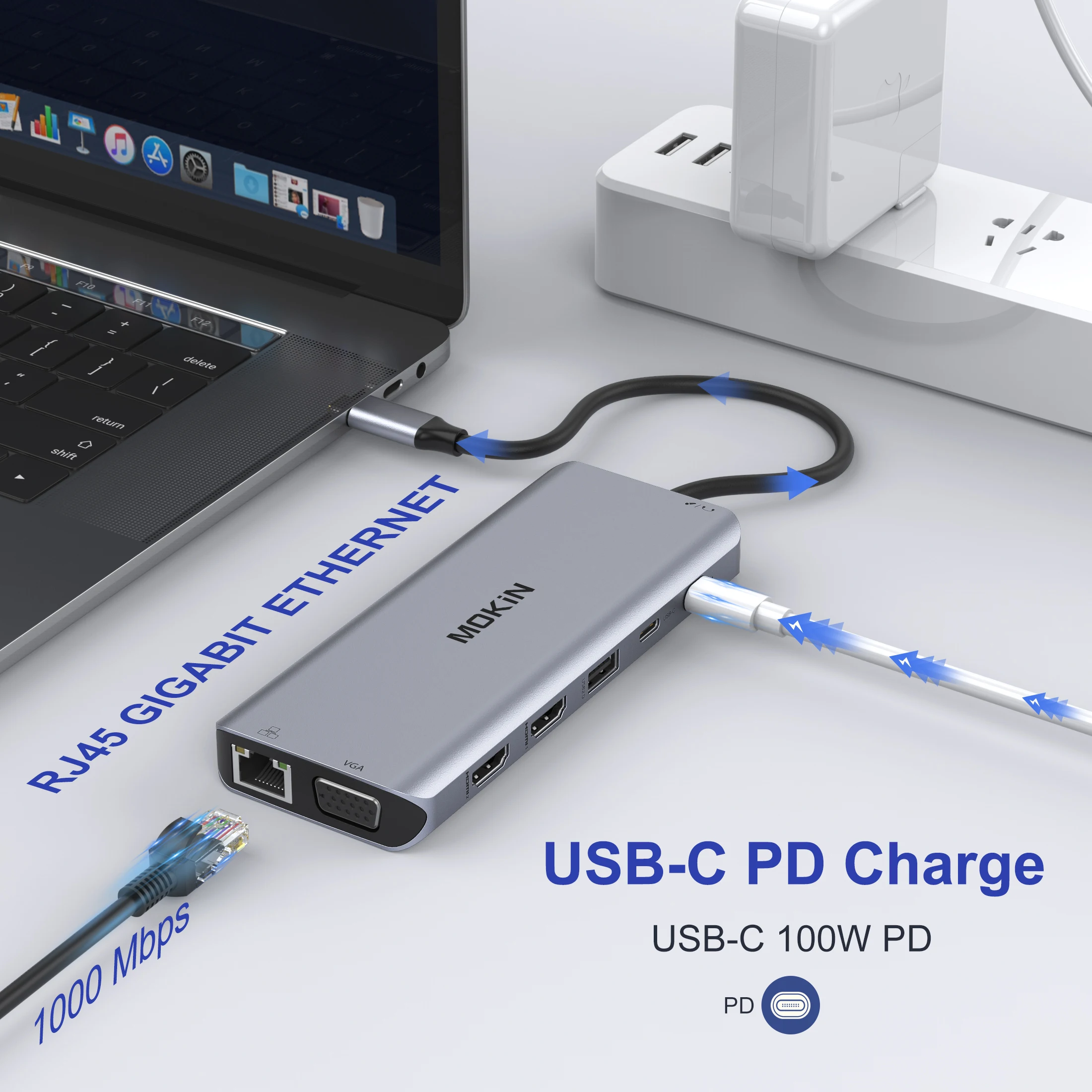 MOKiN USB-C Hub Docking Station for MacBook Air/Pro, iPad M1/M2, Thunderbolt Laptop - Features HDMI 4K, DP, 100W PD, SD/TF, RJ45