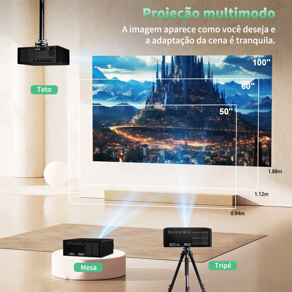 Projetor DESS Full HD 1080P Vídeo 4K Dual WiFi6 Autofoco Correção Keystone Espelhamento Android Projetor 3D Home Theater Cinema