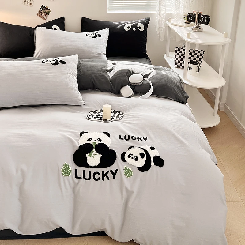 Cute Panda 100% Cotton Bedding Set Kawaii Embroidered Duvet Cover Bed Sheets Set Flat/Fitted Sheet Bed Linen Pillowcase for Kids 2