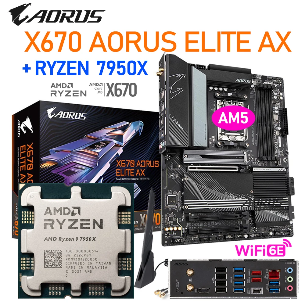 

AM5 Motherboard X670 Combo Socket AM5 Kit Ryzen 7950X CPU Set Gigabyte AORUS ELITE AX DDR5 OVerclocking Gaming PC Desktop ATX