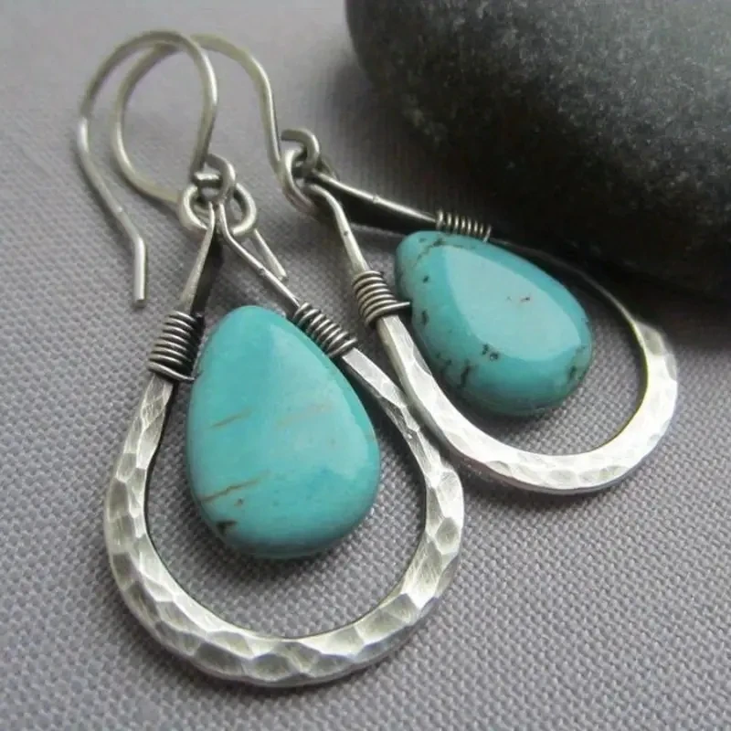 Vintage Blue Turquoise Dangle Earrings Boho Jewelry