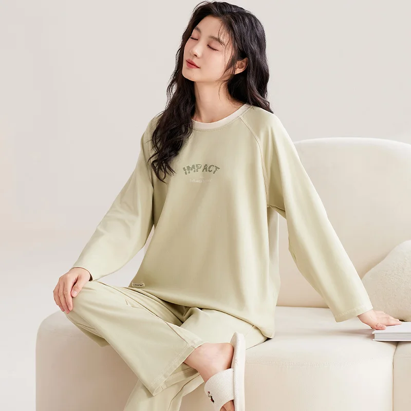 thumbnail image 1 of Pijamas de algodón para mujer, Otoño Invierno, mangas largas, pantalones largos, cárdigan con cuello redondo, ropa de dormir Kawaii para mujer, ropa de descanso, 1 of 5