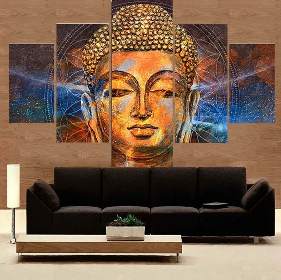 5 Pieces Buddha Golden Face Modular Wall Art Canvas Painting Poster Modern Art for Living Room Decoration Picture Wall No Frame