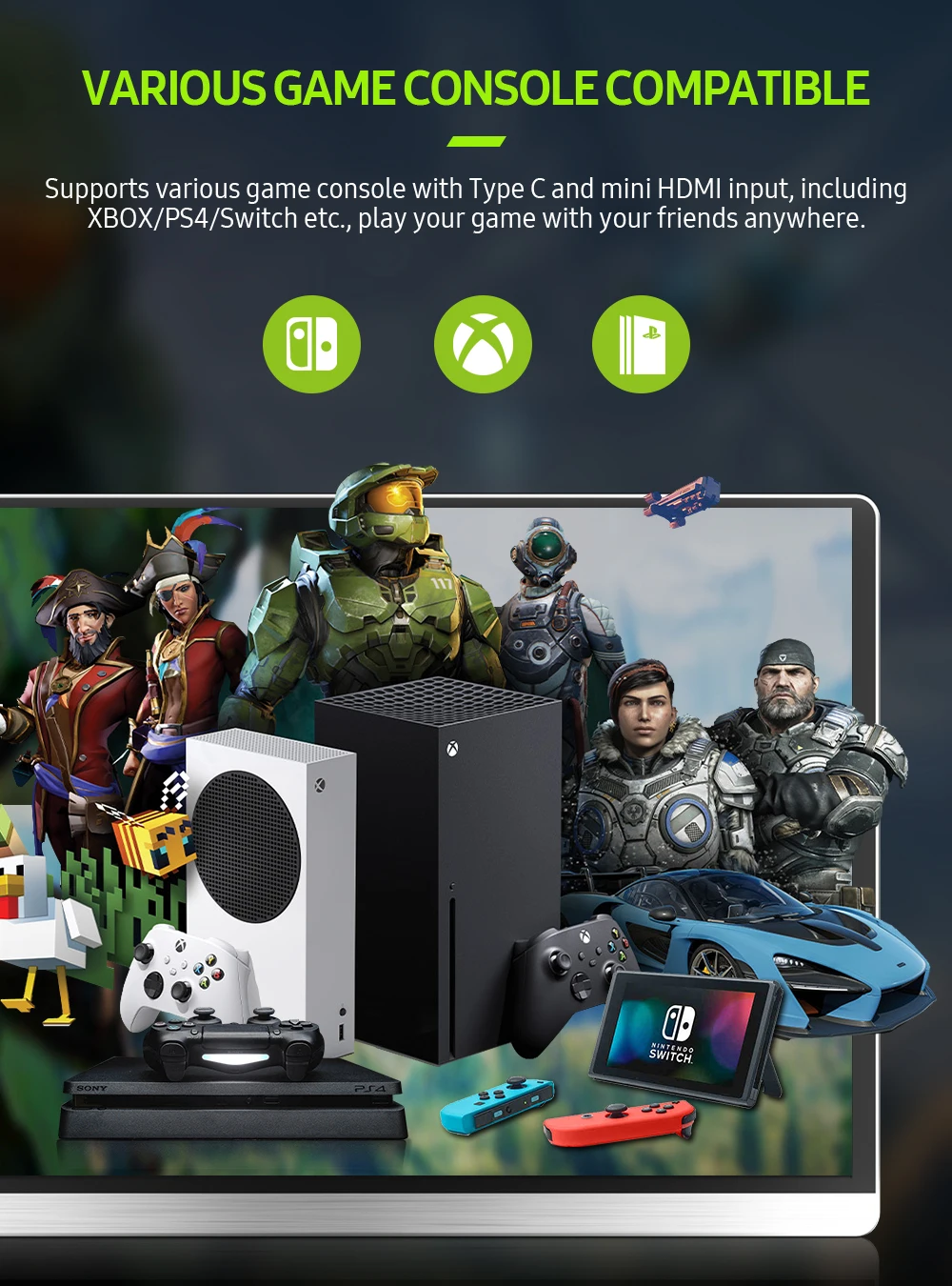 EVICIV 4K 휴대용 모니터 15.6 3840x2160 UHD USB-C HDMI 100% Adobe RGB IPS 3ms FreeSync 컴퓨터 게임 디스플레이 노트북 PC PS5 Xbox Switch
