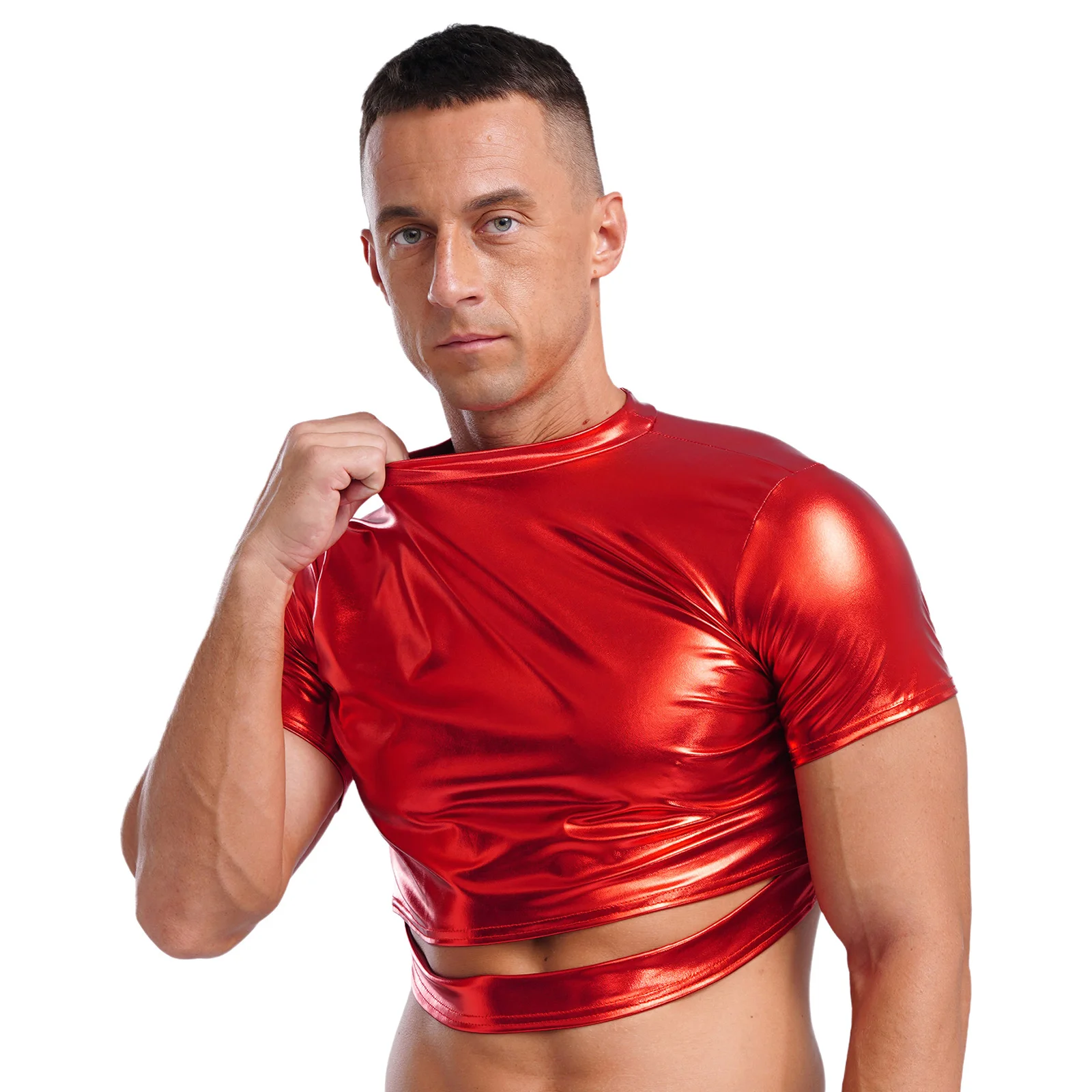 Herren Metallic glänzend schlanke Ernte Top Mock Neck Kurzarm aus geschnitten Hemden Tops Mode Blusen für Jazz Dance Disco Party Clubwear – Detail 11