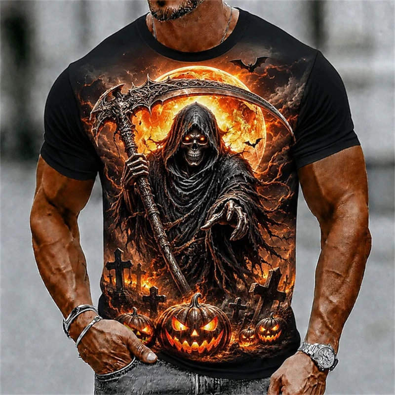 Herren Kurzarm-T-Shirt mit Rundhalsausschnitt, Halloween-Motiv mit Sensenmann, Kürbis und Fledermaus, lässige Party- und Streetwear-Oberteile