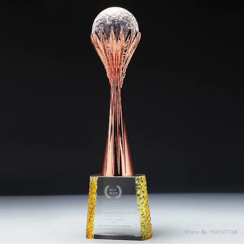 Customized Golden, Silver, Bronze, Metal Trophy, Volleyball Earth Soccer Tennis Golf Sports Competition Crystal Ball Trophy, 1Pc