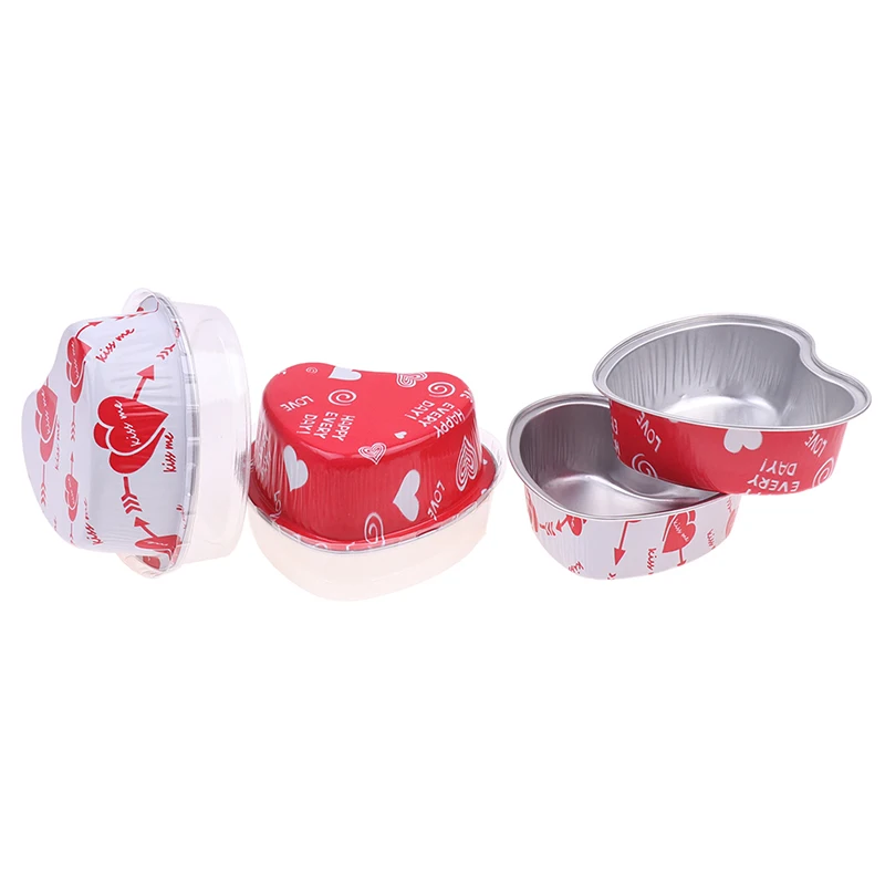 10Pcs/Set 100ml Aluminum Foil Cake Pan Heart Shaped Cupcake Cup with Lids Flan Baking Pans for