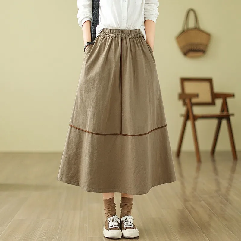 

2023 Spring New Arts Style Women Elastic Waist Patchwork A-line Long Skirt All-matched Casual 100% Cotton Loose Skirt P629