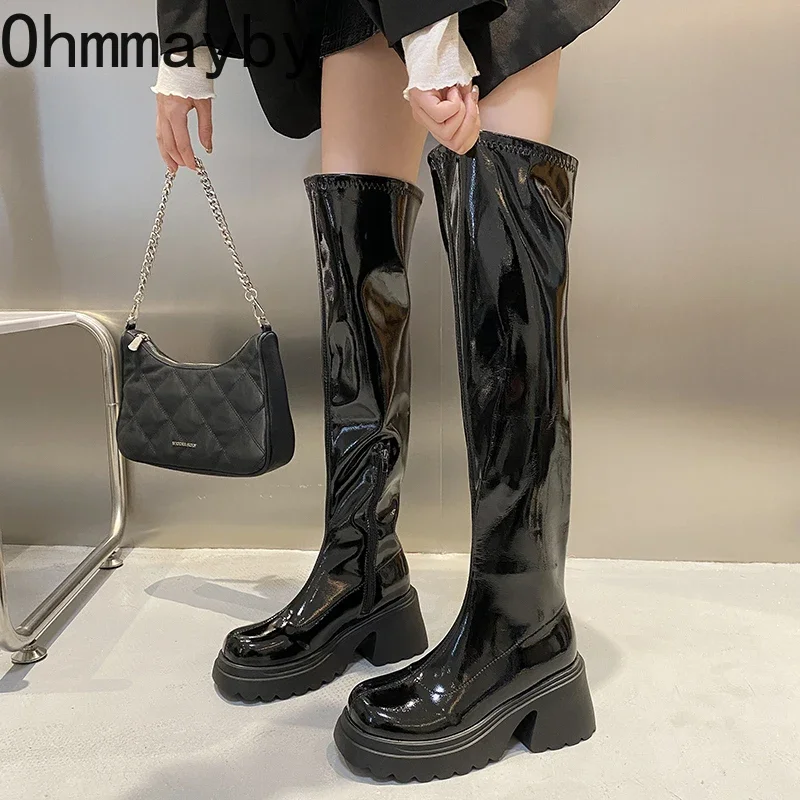 Punk Style Woman Knee-High Boots Zipper Fashion Patent Leather High Heel Ladies Shoes