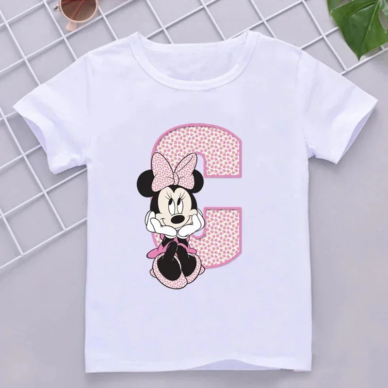 thumbnail image 1 of Camisetas de algodón para niños de Minnie con combinación de letras de la A a la Z y nombres, ropa de dibujos animados de Disney Kawaii, camisetas para niños y niñas, camisetas casuales, 1 of 5