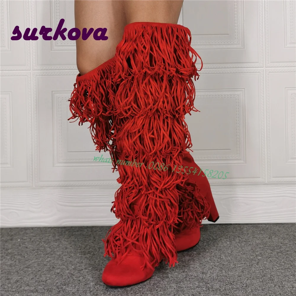 

Tassel Thick Heels Knee High Boots Round Toe Red Suede Fringe Women's Boots Winter Casual 2022 New Arrival Slip on Solid Soft