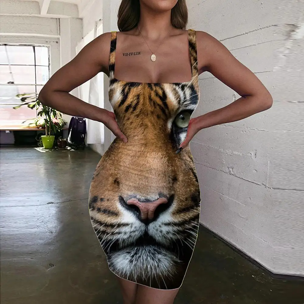 

KYKU Brand Animal Dresses Women Tiger Sundress Cute 3d Print Harajuku Bodycon Dress Vestido Sexy Womens Clothing Party Beach