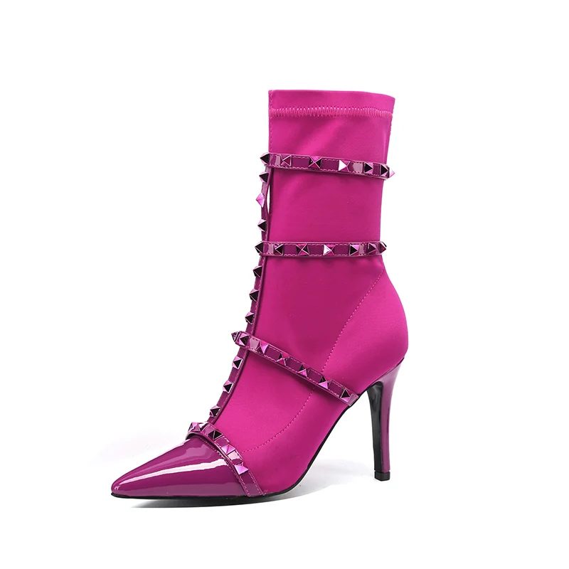 

Brand Design Luxury Riveted Chelsea Short Boots Pointed Thin Heel Skinny Leg Elastic Boots High Heels Sexy Women's Boots 34&44