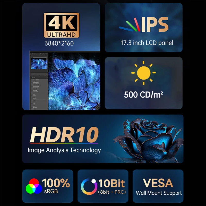 PC Ʈ Xbox PS4/5 ġ ̹ ÷, 17.3 ġ 4K ޴ , 3840x2160P HDR 500Nit  Ŀ, 60Hz IPS ũ