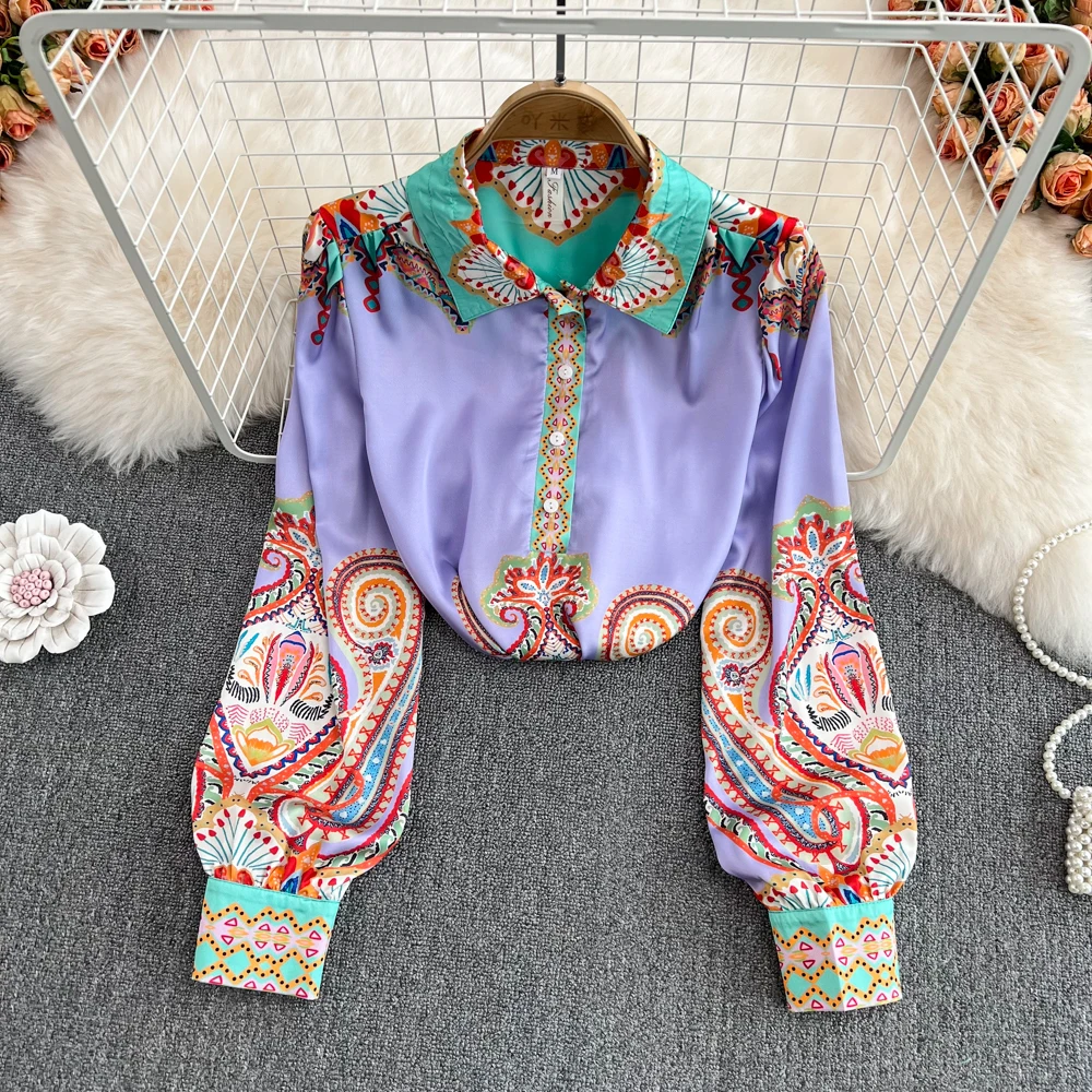 

2023 Summer Floral Long Lantern Sleeve Ruffles Stitching Blouses Women Lapel Solid Color Loose Shirt Top