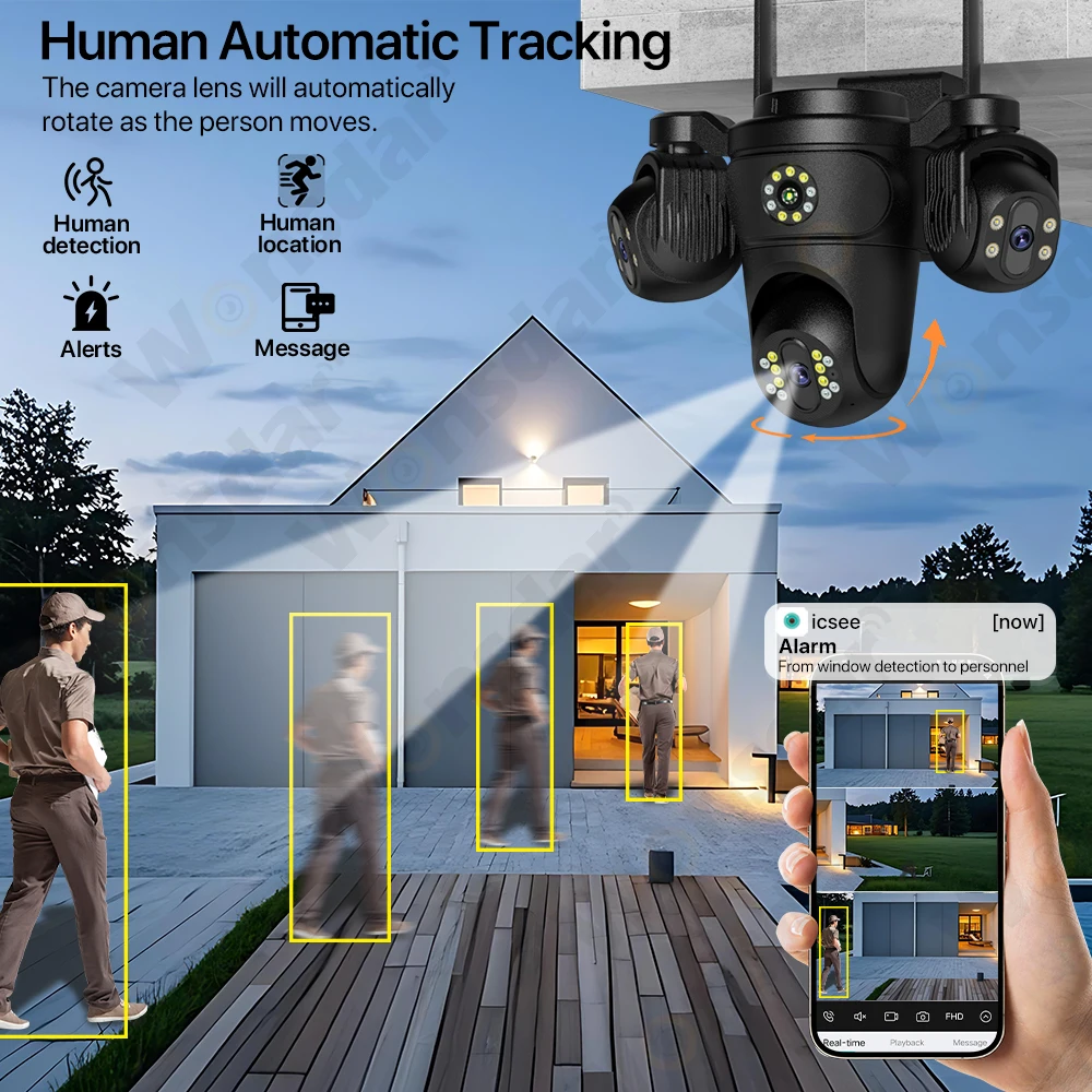 15MP HD WIFI IP Camera Three Screen Three Lens 10MP Dual Lens Auto Tracking IP66 Waterproof CCTV Video Security Cam iCsee