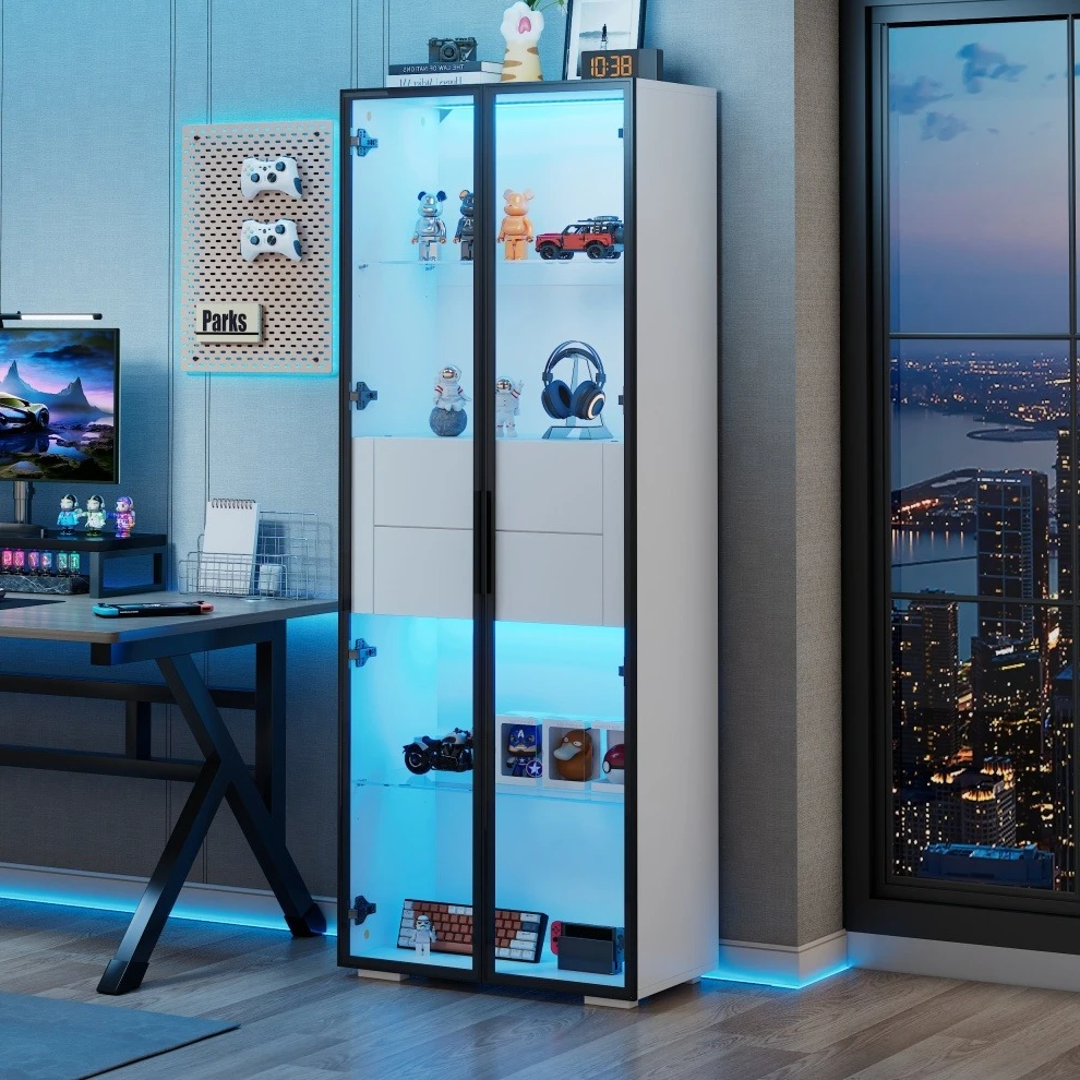 Comanlai vitrine en verre avec lumières LED vitrine autoportante à double porte avec étagères réglables buffets